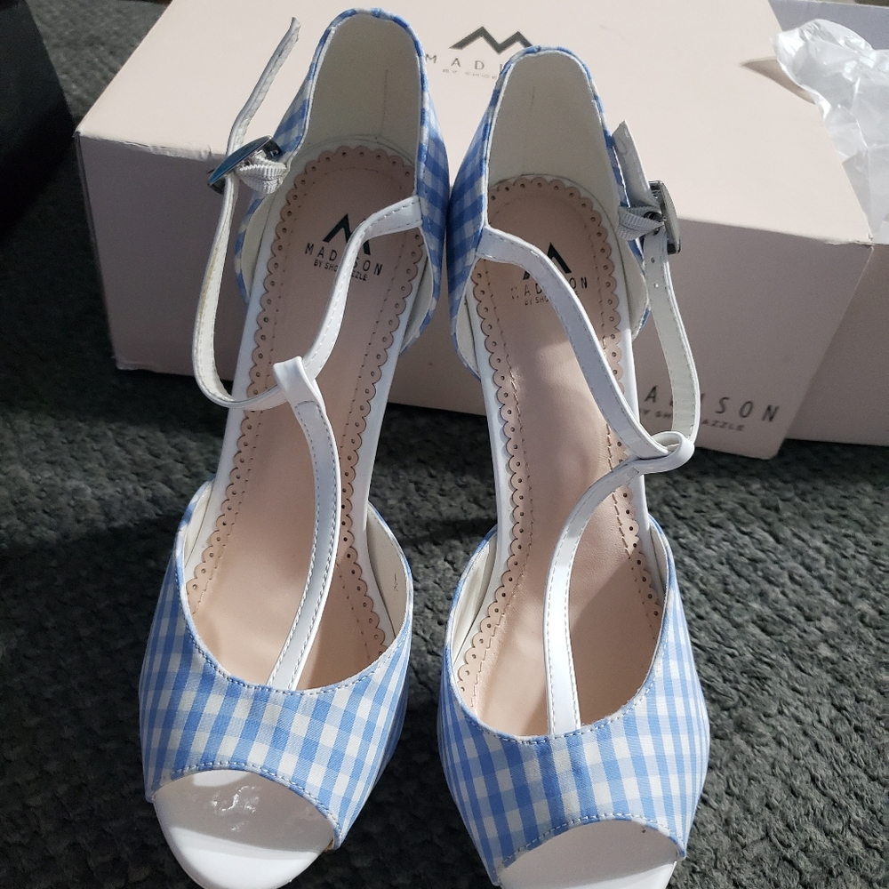 Blue gingham platform heels